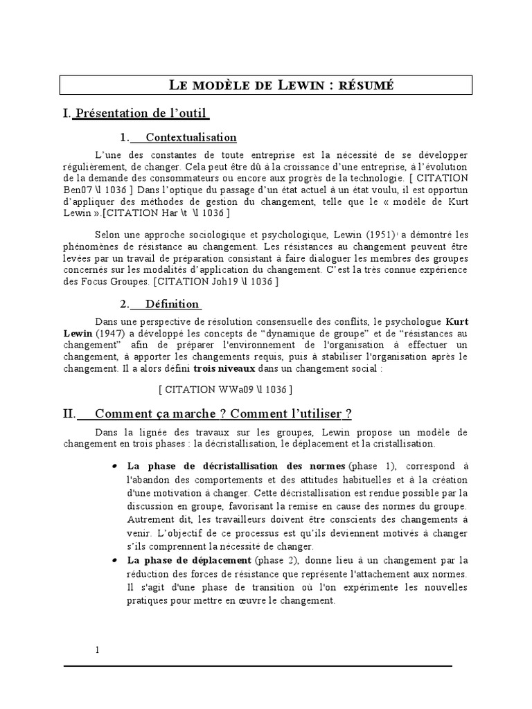 Le Modele De Lewin Resume Pdf Psychologie
