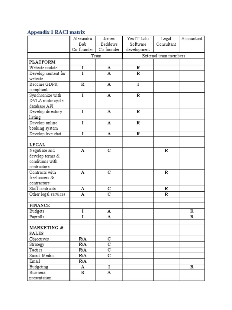 Appendix 1 RACI Matrix | PDF