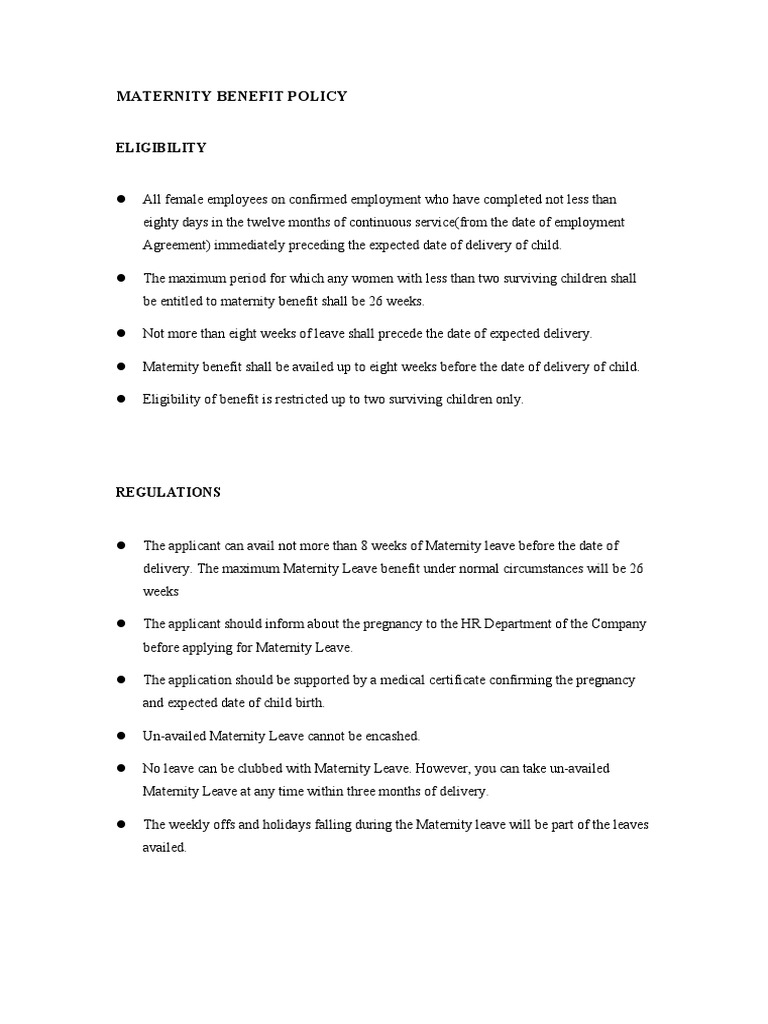 Comprehensive Maternity Benefit Policy Eligibility, Regulations, Pay