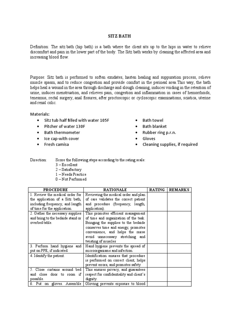 MCN RLE Sitz Bath Procedure Checklist Download Free PDF Hygiene