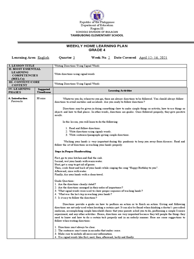 Grade 4 English: Writing Directions Guide | PDF | Nature