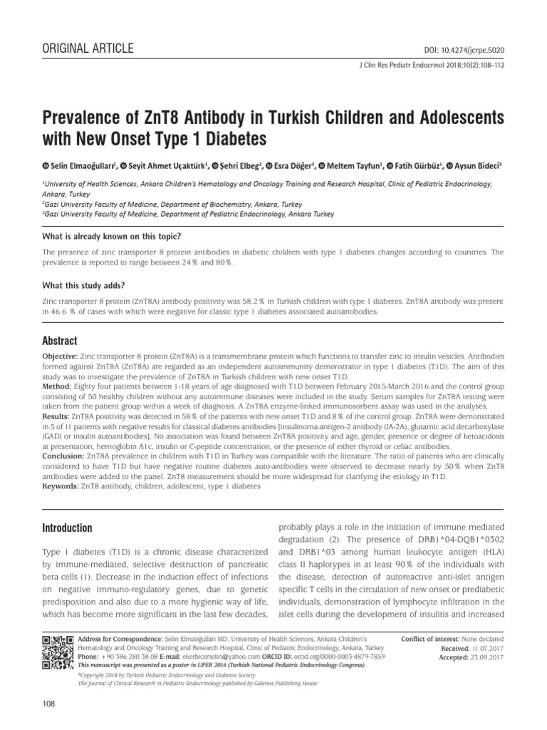 Prevalence of ZnT8 Antibody in Turkish Children and Adolescents PDF