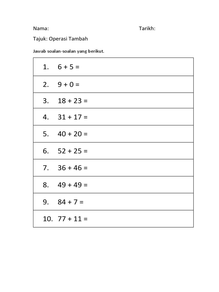 Lembaran Kerja Matematik Operasi Tambah Dan Tolak