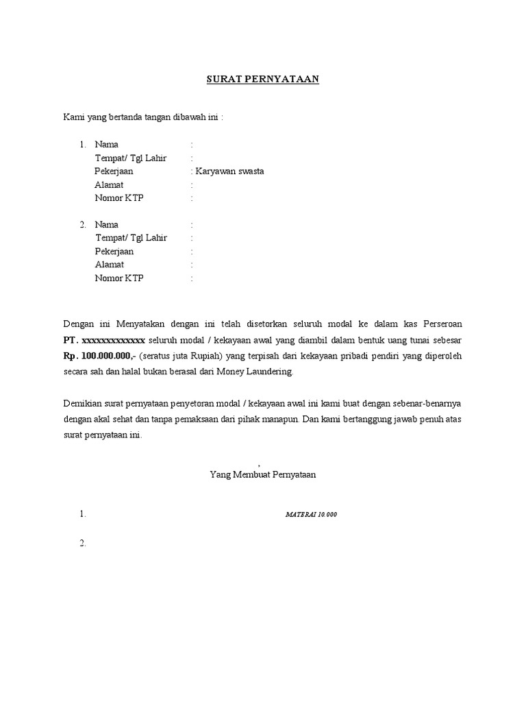 Surat Pernyataan Setoran Modal PT | PDF | Hukum