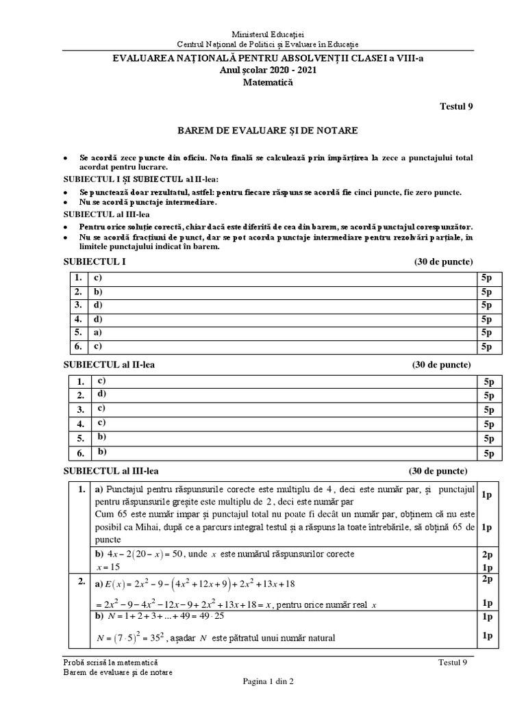 En VIII 2021 Matematica Test 09 Barem | PDF