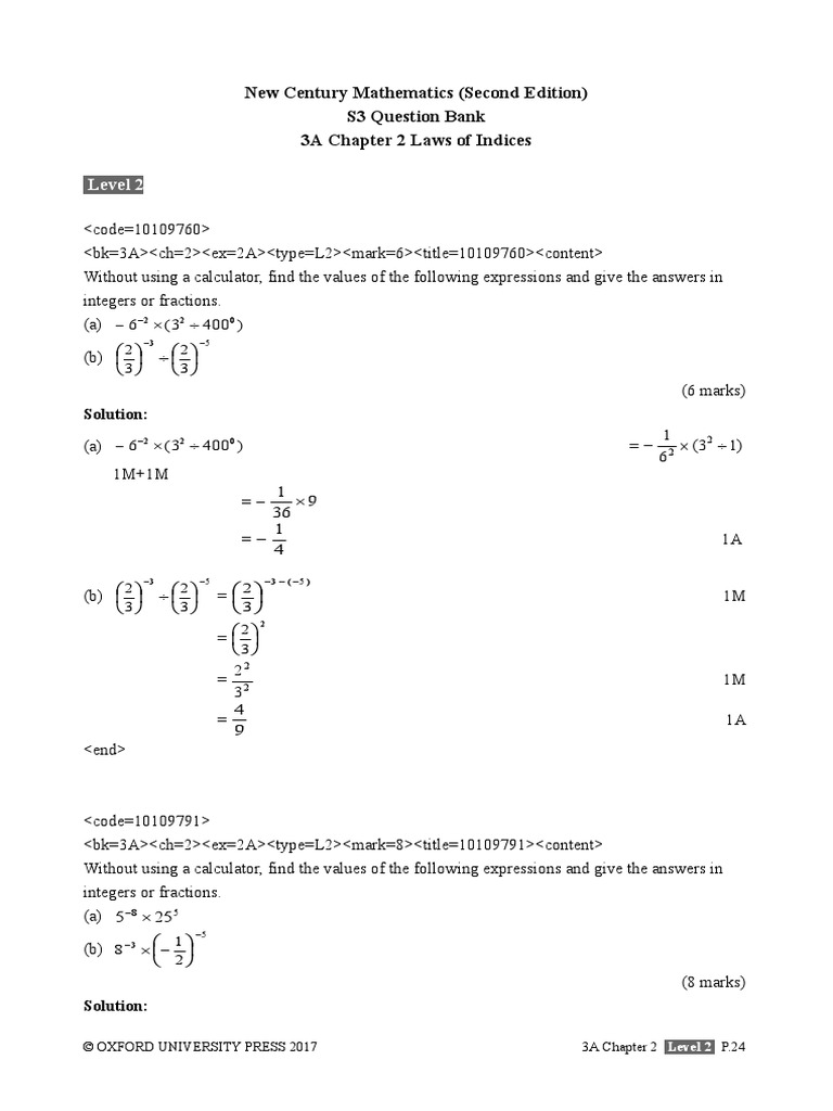 Level 2 New Century Mathematics (Second Edition) S3 Question Bank 3A Chapter 2 Laws of Indices