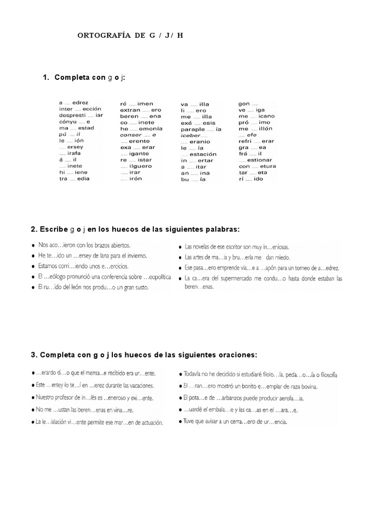 Ejercicios de ortografía G y J | PDF | Voz humana | Fonética