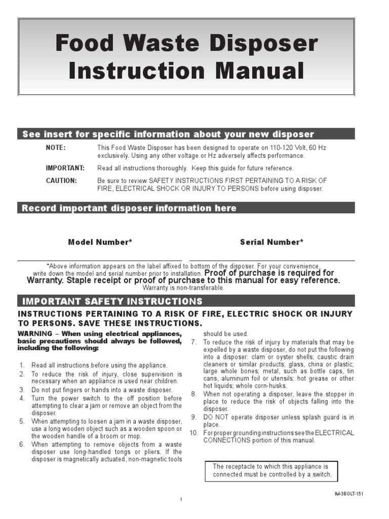 Food Waste Disposer Instruction Manual See Insert For Specific