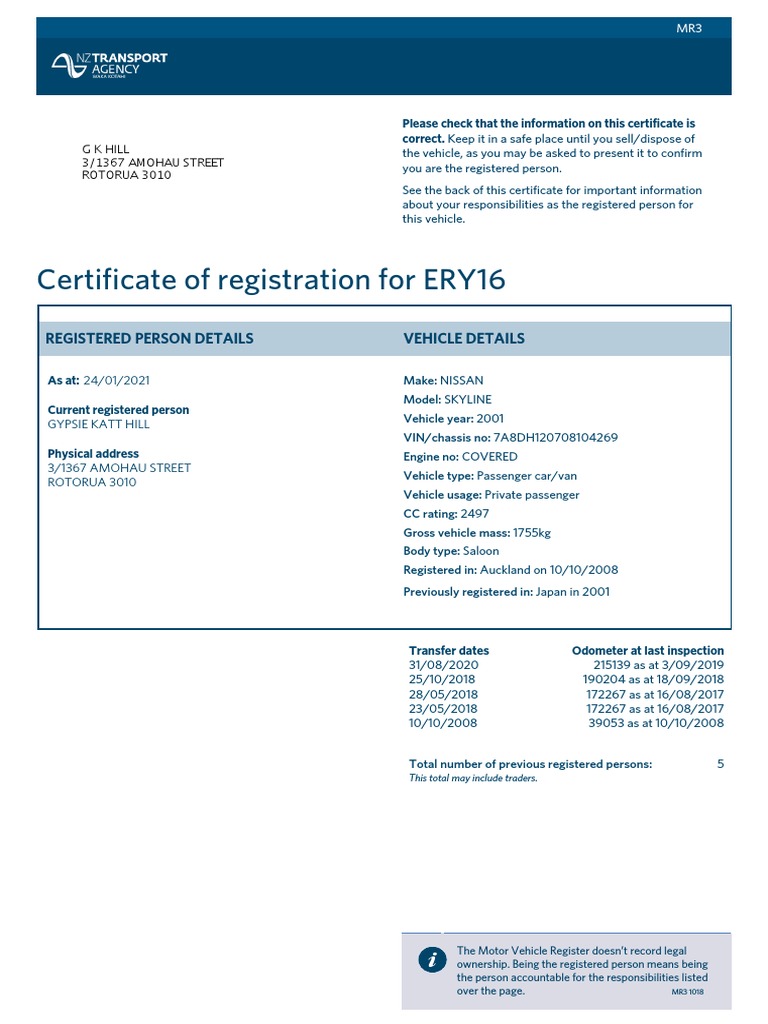 Certificate of Registration - Plate Number ERY16 - Customer 571405695 3 ...