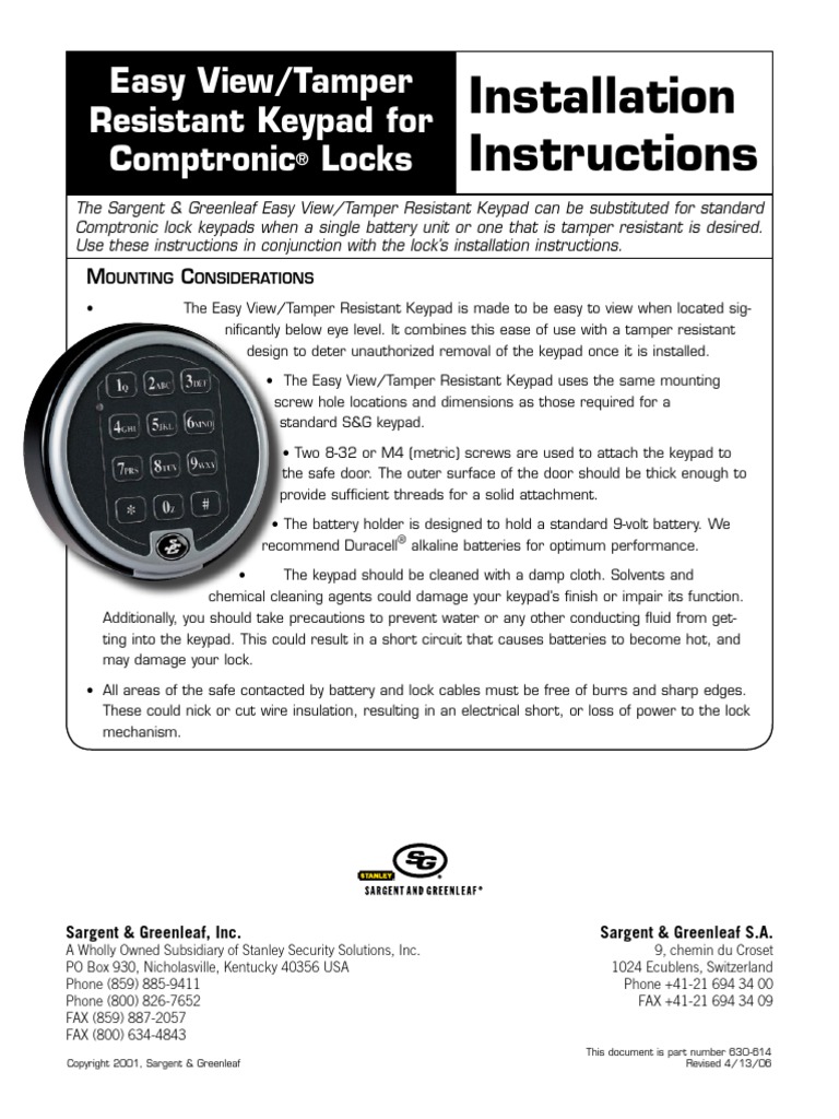 Installation Instructions Easy View/Tamper Resistant Keypad For Comptronic Locks PDF Screw