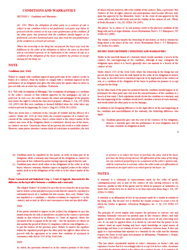 Distinctions Between Conditions and Warranties PDF Breach Of