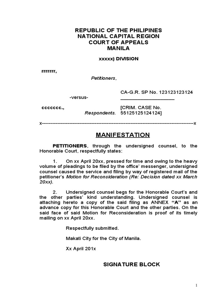 Court Manifestation and Filing Notice | PDF
