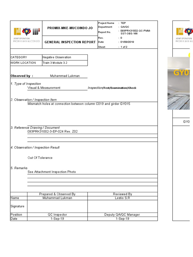 QA/QC General Inspection Report TEP | PDF | Quality | Evaluation