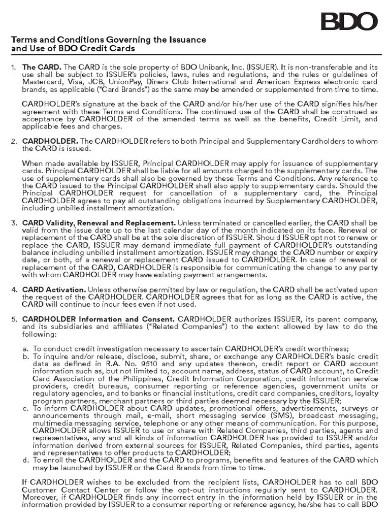 Terms and Conditions Governing The Issuance and Use of BDO Credit Cards ...