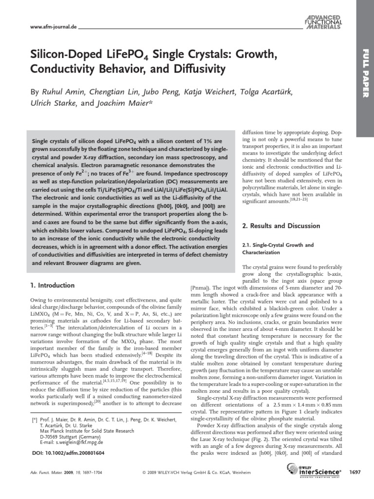 SiliconDoped Lifepo Single Crystals Growth, Conductivity Behavior