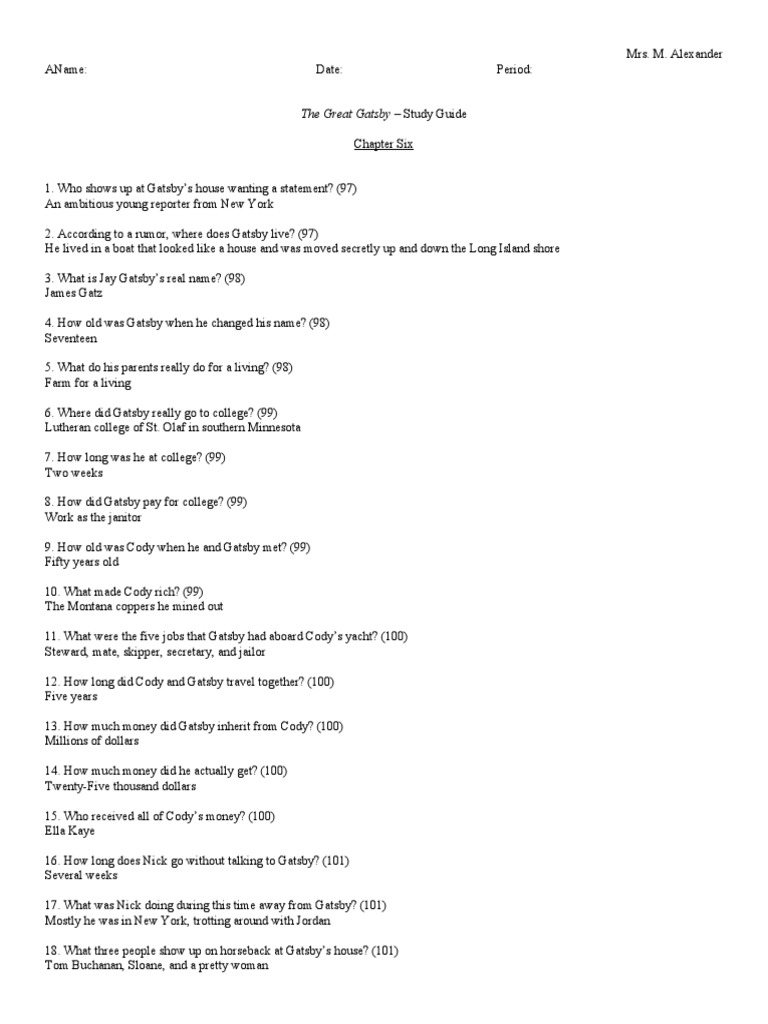 Gatsby Study Guide Chapter Six+ | PDF | Art