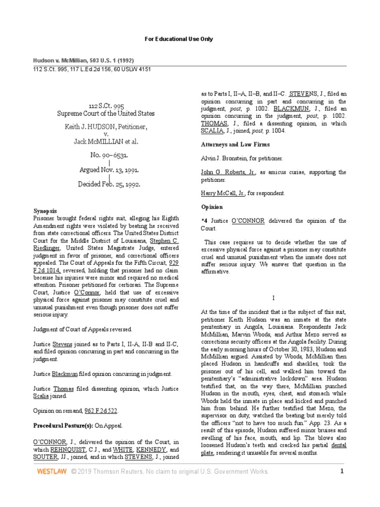 Hudson V McMillian SCOTUS Force 1992 PDF Eighth Amendment To The