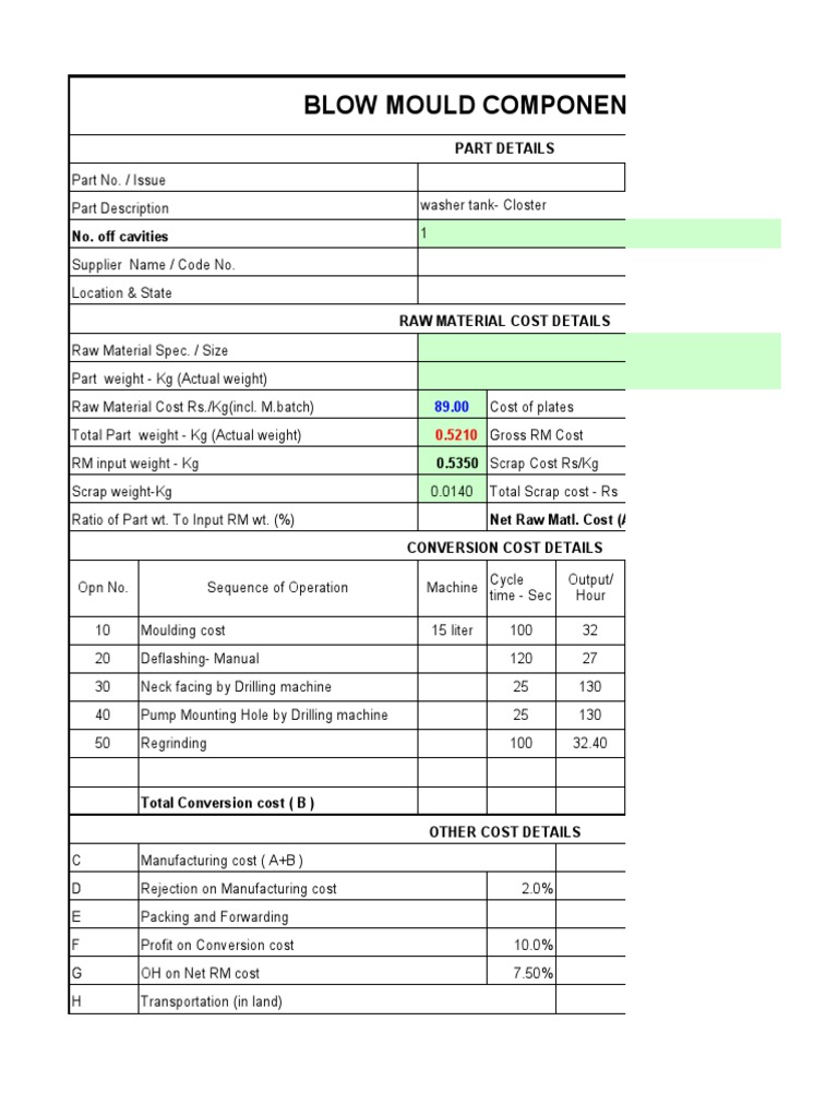 Blow Mould Component Cost Estimation PDF Working Capital Cost