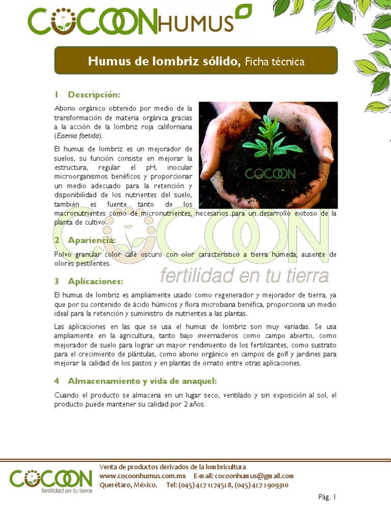 Humus de Lombriz Solido Ficha Tecnica CocoonHumus | PDF | Fertilizante ...