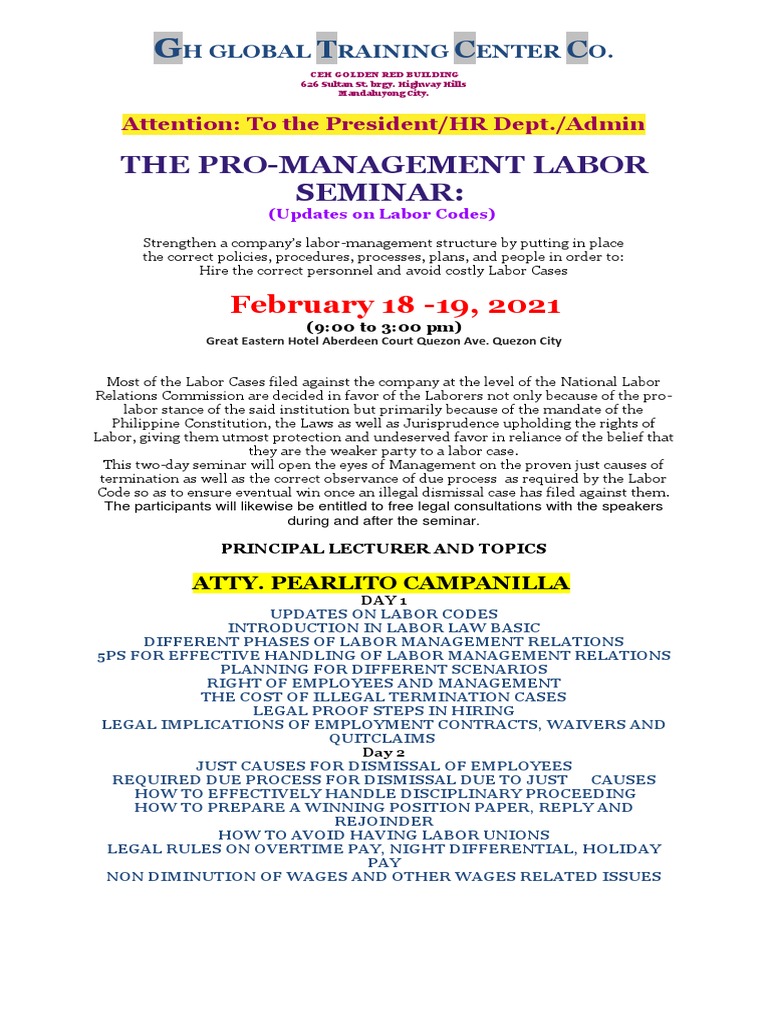 Labor Management Seminar in Manila | PDF | Payments | Labour Law