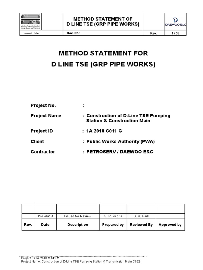 GRP Pipe Works Method Statement | PDF | Pipe (Fluid Conveyance) | Crane ...