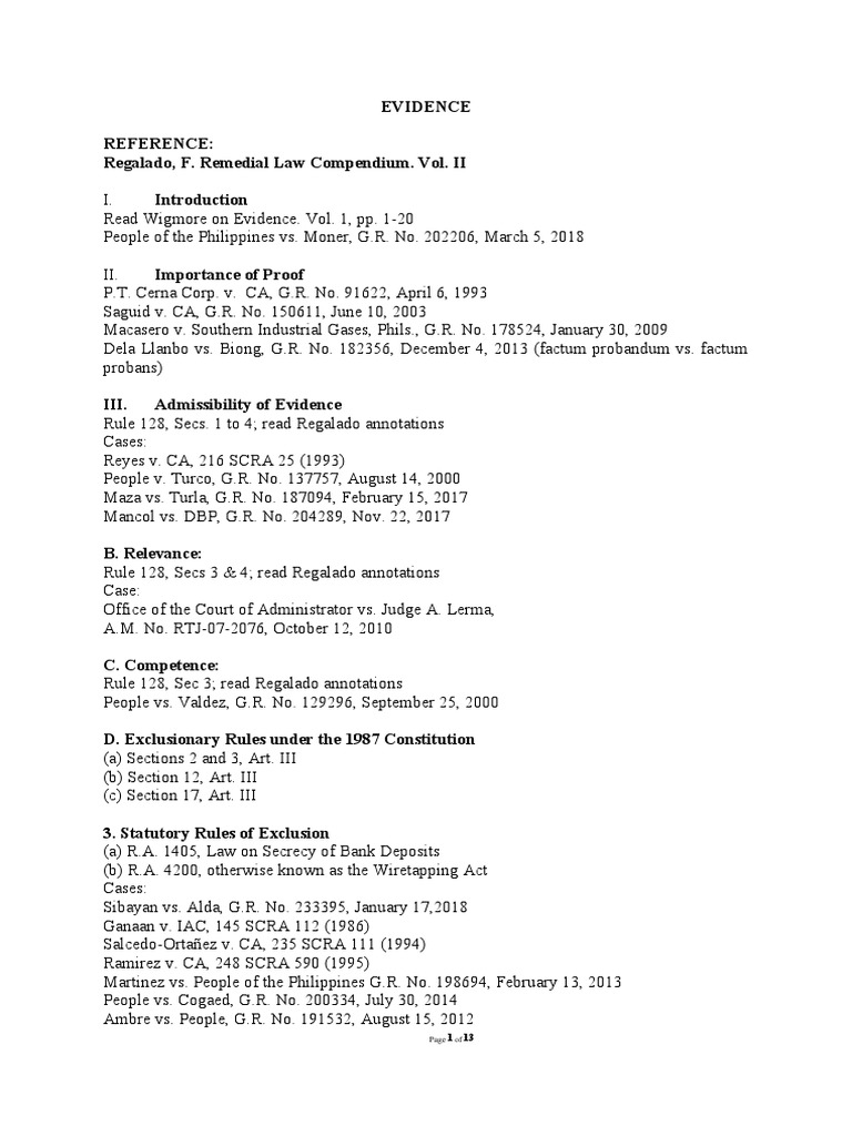 Evidence Reference: Regalado, F. Remedial Law Compendium. Vol. II ...