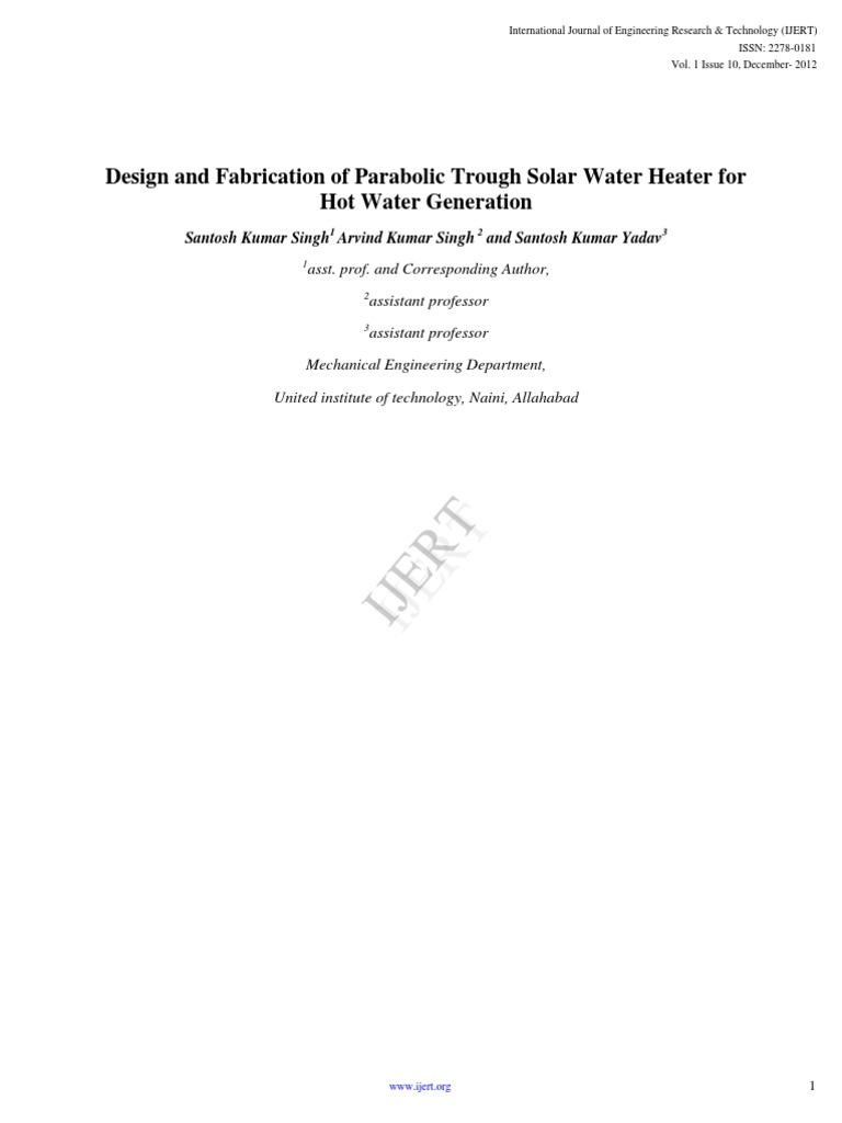 Parabolic Trough Solar Water Heater Design | PDF | Solar Energy | Heat ...