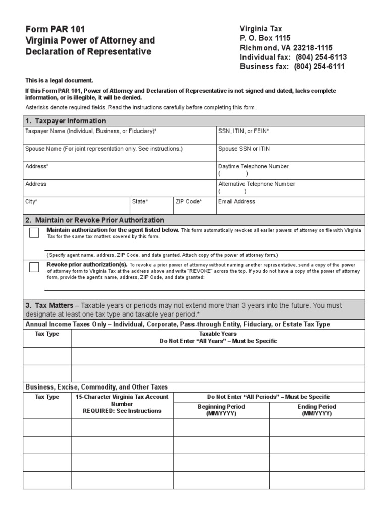 Form PAR 101 Virginia Power of Attorney and Declaration of ...