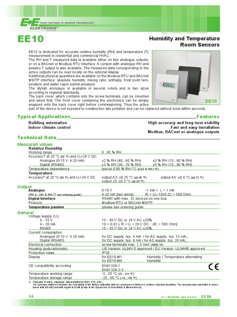 EE10 Humidity and Temperature Sensor | PDF | Humidity | Metrology