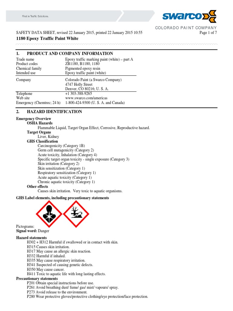 1180 Epoxy White SDS PDF Toxicity Occupational Safety And Health