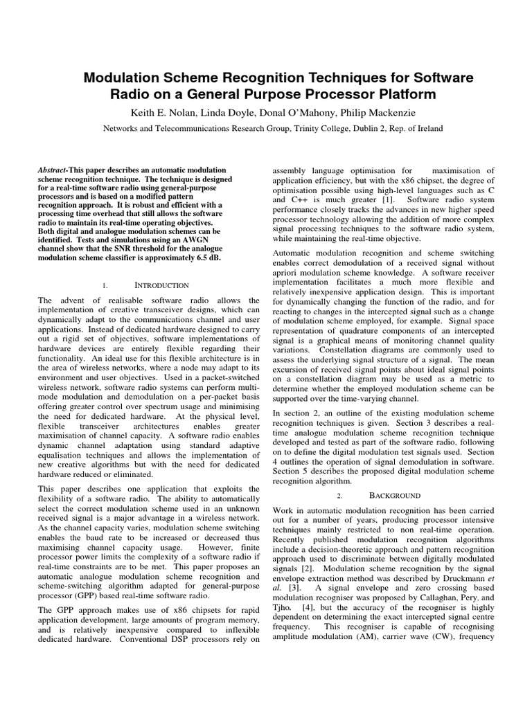 Modulation Scheme Recognition Techniques For Software Radio On A ...