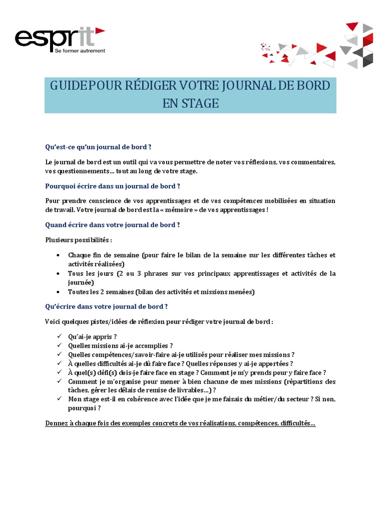 GUIDE POUR RÉDIGER VOTRE JOURNAL DE BORD EN STAGE