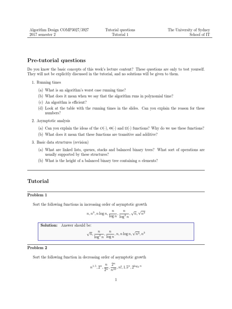 Pre-Tutorial Questions | PDF | Time Complexity | Mathematical Analysis