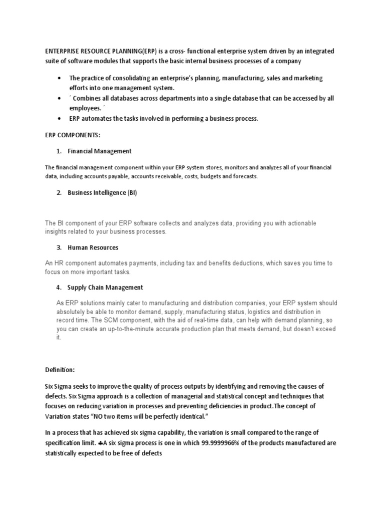 Erp And Six Sigma Enhancing Business Processes Pdf Six Sigma