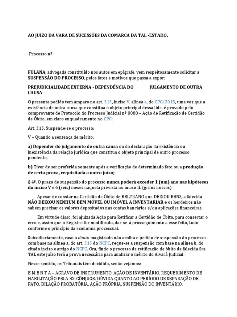 Modelo Peticao Suspensao Do Processo Civel Art 313 Inciso V Do CPC