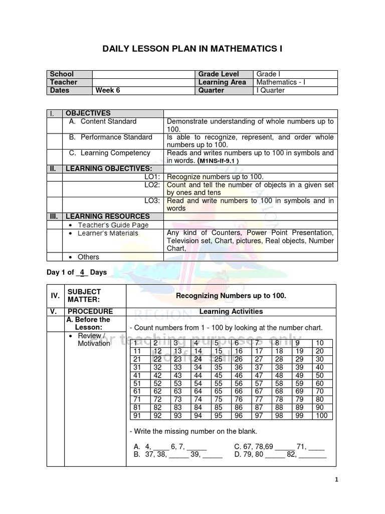 Grade 1 Math Lesson Plan: Counting 1-100 | PDF | Lesson Plan ...