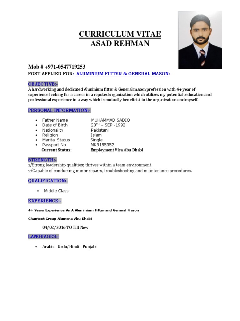 Curriculum Vitae Asad Rehman: Post Applied For | PDF
