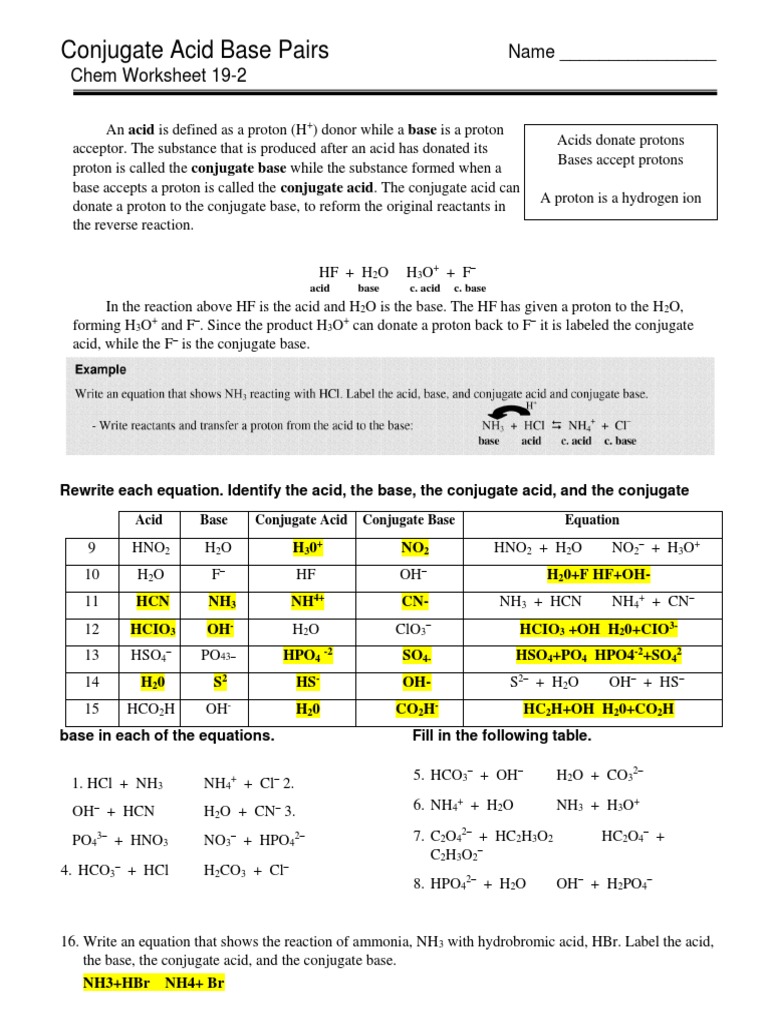 Conjugate Acid Base Pairs: Name - Chem Worksheet 19-2 | PDF | Acid |  Materials