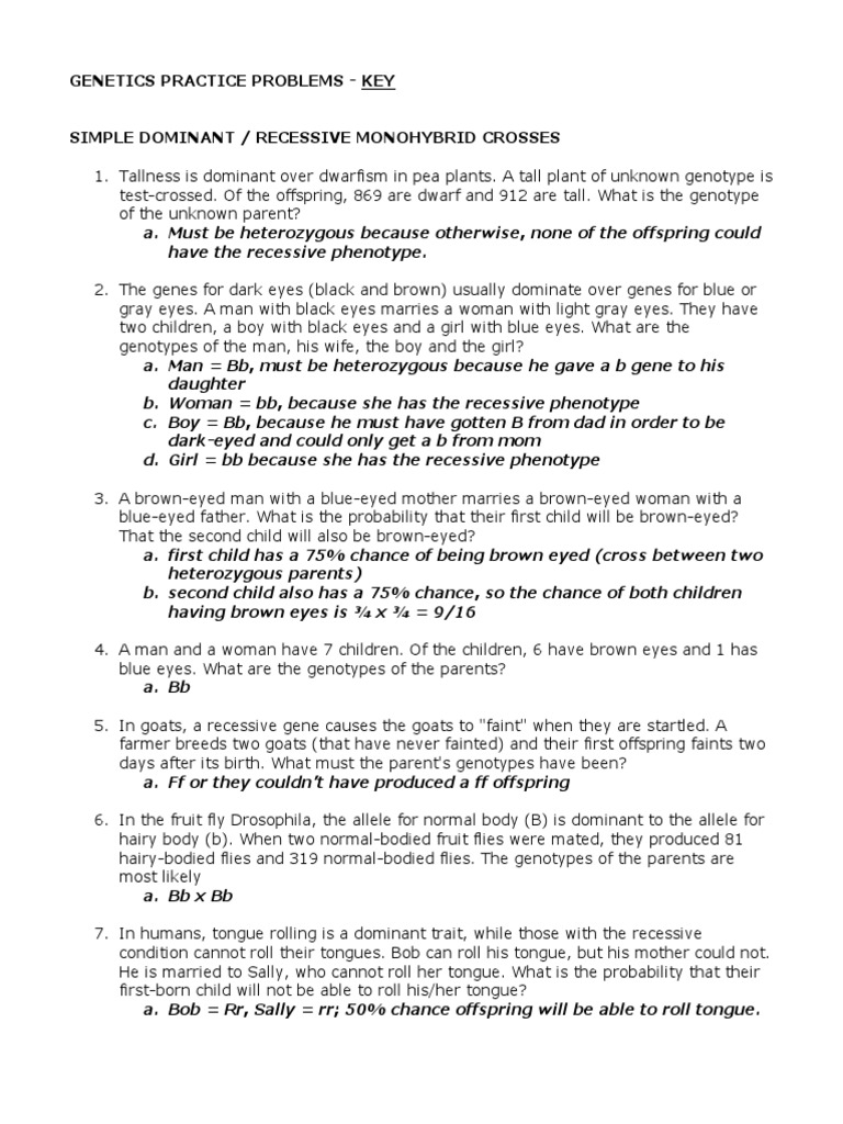 Genetics Practice Problems - Key | PDF | Dominance (Genetics) | Genotype