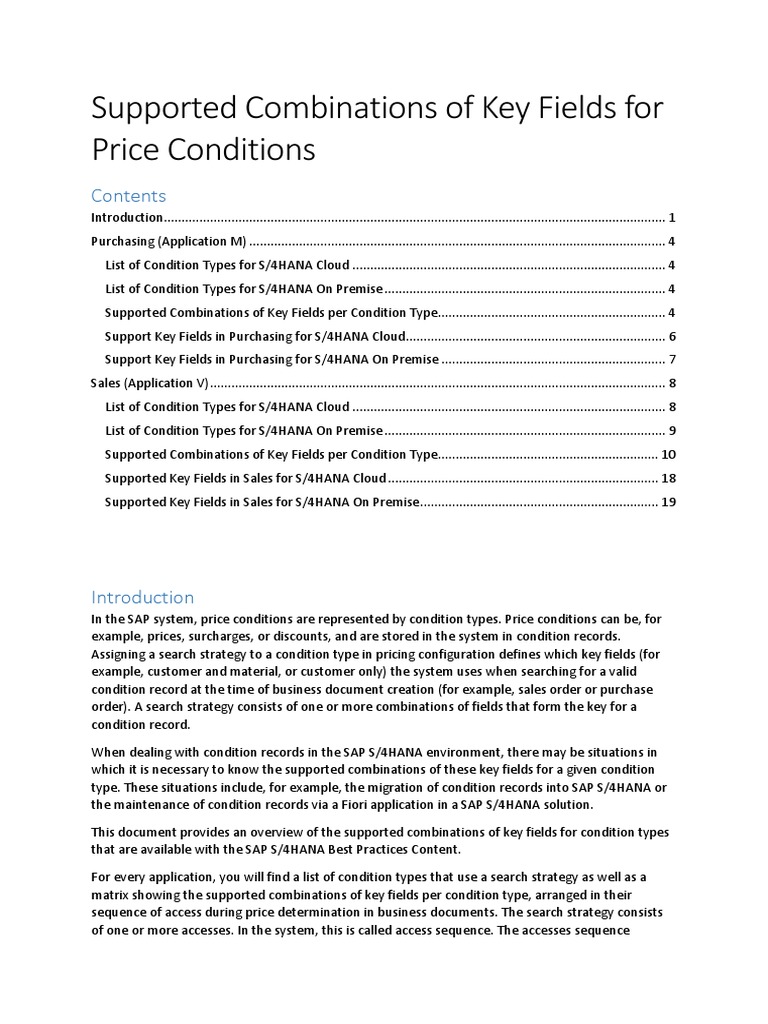 SAP Supported Key Combinations PDF Fee Pricing