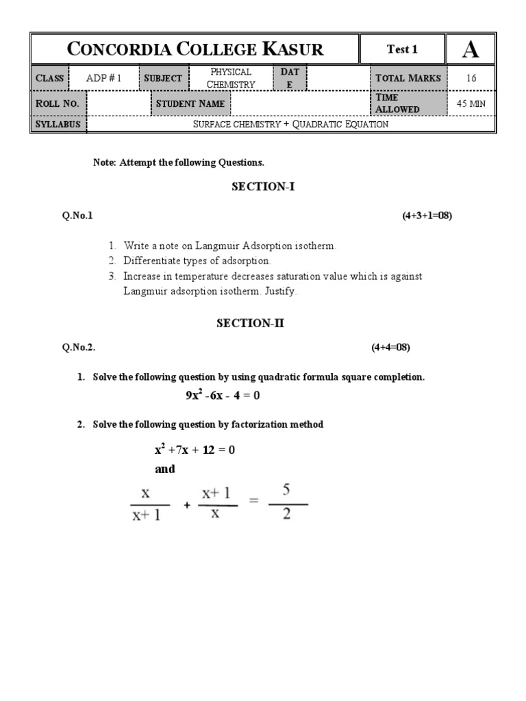 ADP Test 1: Physical Chemistry Exam | PDF