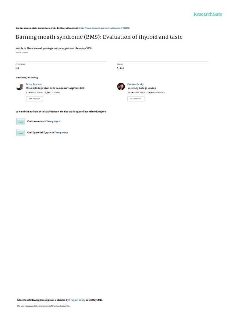 Burning Mouth Syndrome BMS Evaluation of Thyroid A PDF Taste