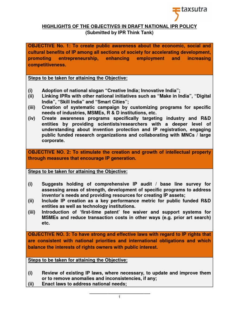 Highlights of India's National IPR Policy | PDF | Intellectual Property ...