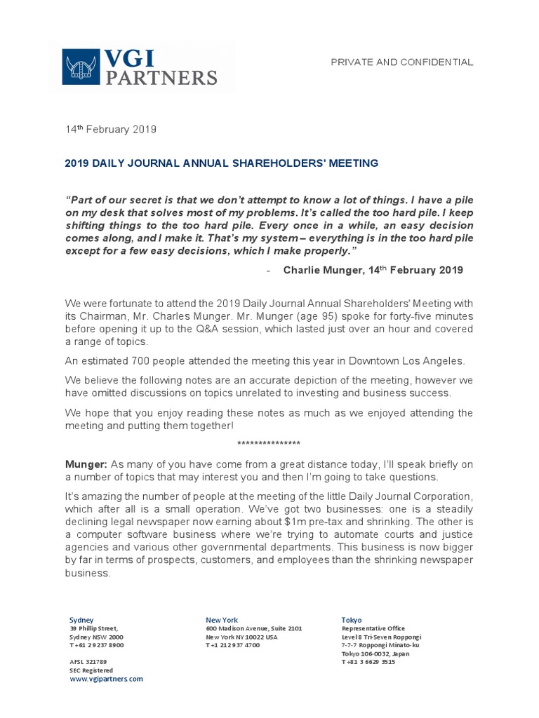 2019 Munger's Shareholders' Meeting Insights | PDF | American ...
