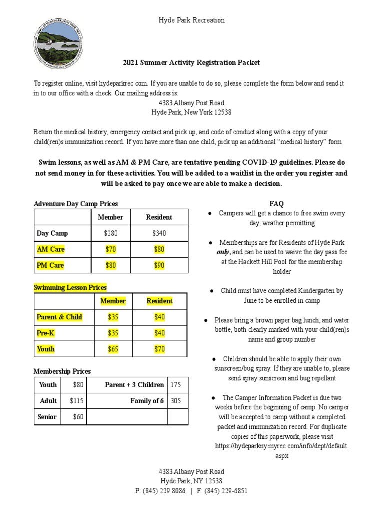 2021 Summer Activity Registration Packet | PDF | Business