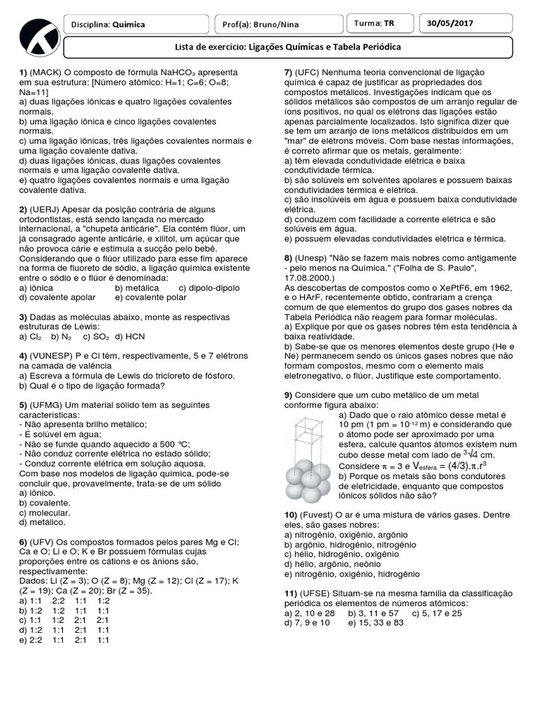 Aula 11 - Exercícios Ligações Químicas e Tabela Periódica (Sem Gabarito ...