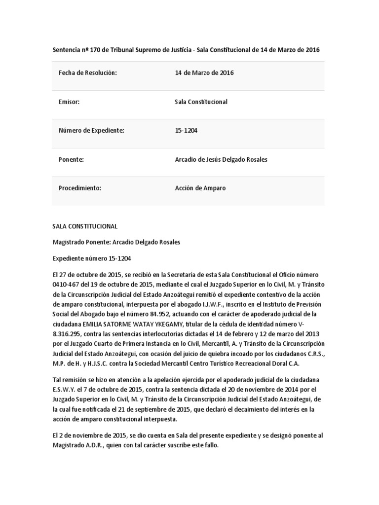 Sentencia 170 del TSJ sobre quiebra | PDF | Caso de ley | Ley procesal