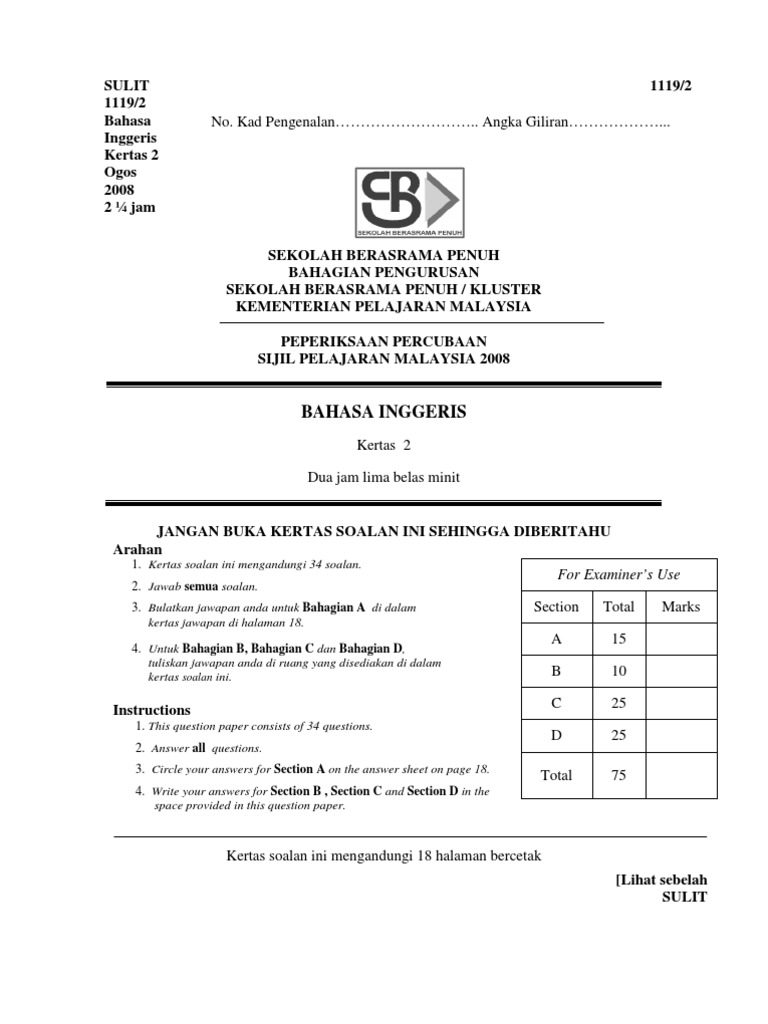 Spm Percubaan 2008 Sbp English Language Paper 2 Pdf Punctuation Question