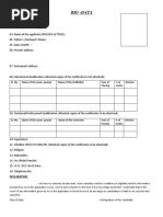 Bio - Data: SI. No. Name of The Exam. Passed Name of The Institution Year of Passing % of Marks Division