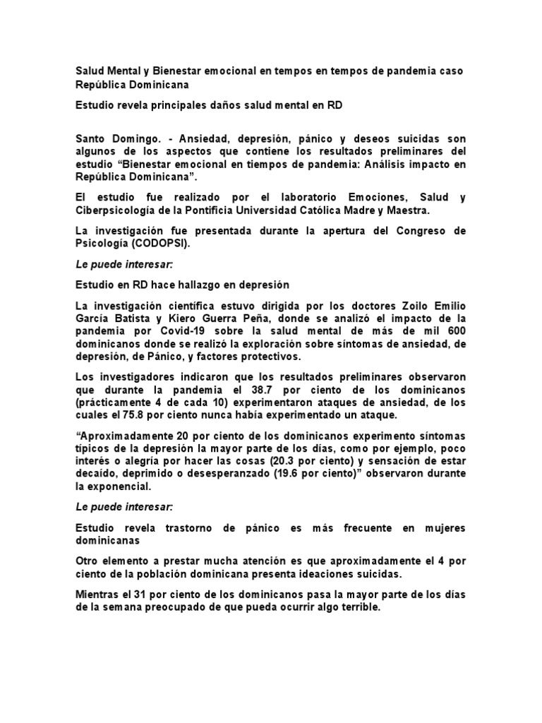 Salud Mental en RD: Impacto Pandemia | PDF | Ansiedad | Depresión ...